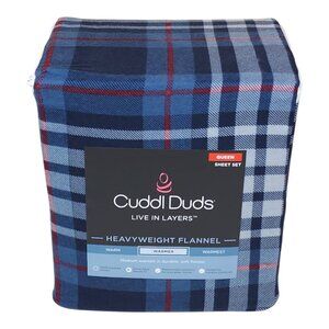 Cuddl Duds Queen Heavyweight Flannel Sheet Set Blue Plaid Soft Brushed Cotton